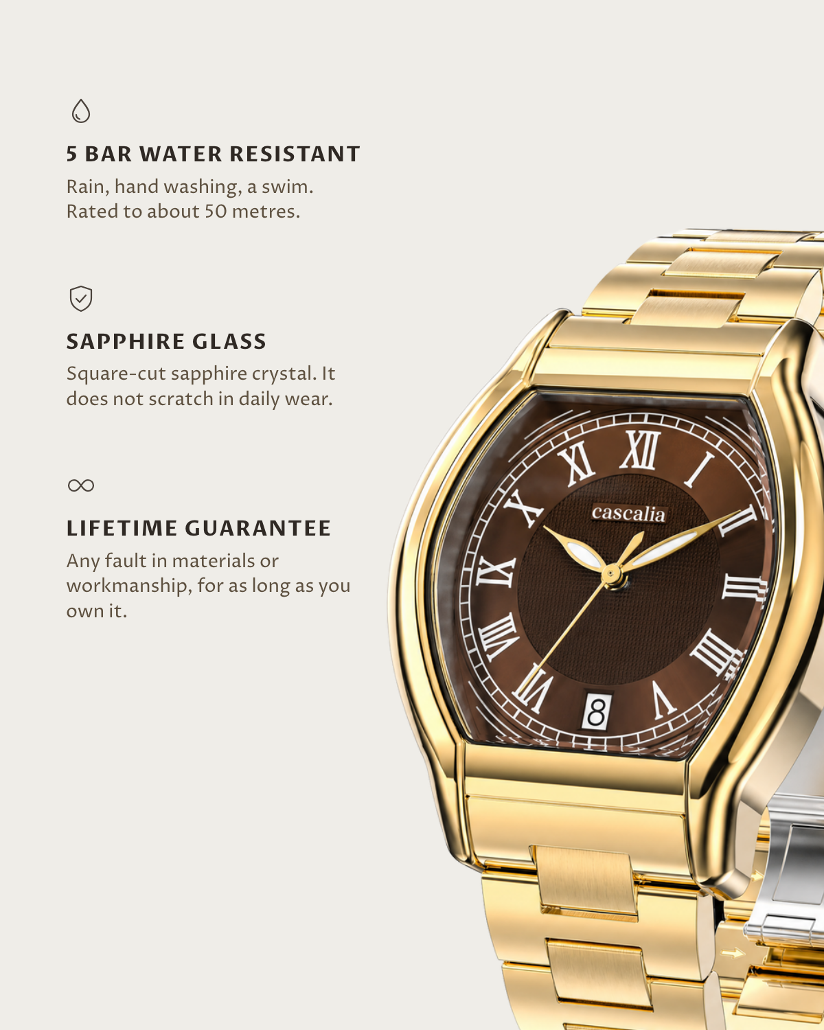 Caratello Gold Automatic Brown: 5 bar water resistant, sapphire glass, lifetime guarantee