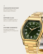 Caratello Gold Automatic Green: 5 bar water resistant, sapphire glass, lifetime guarantee