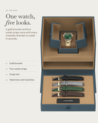 Caratello Gold Automatic Green in the box: gold bracelet, four suede straps, watch box and travel box