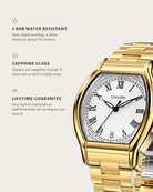 Caratello Gold Automatic: 5 bar water resistant, sapphire glass, lifetime guarantee