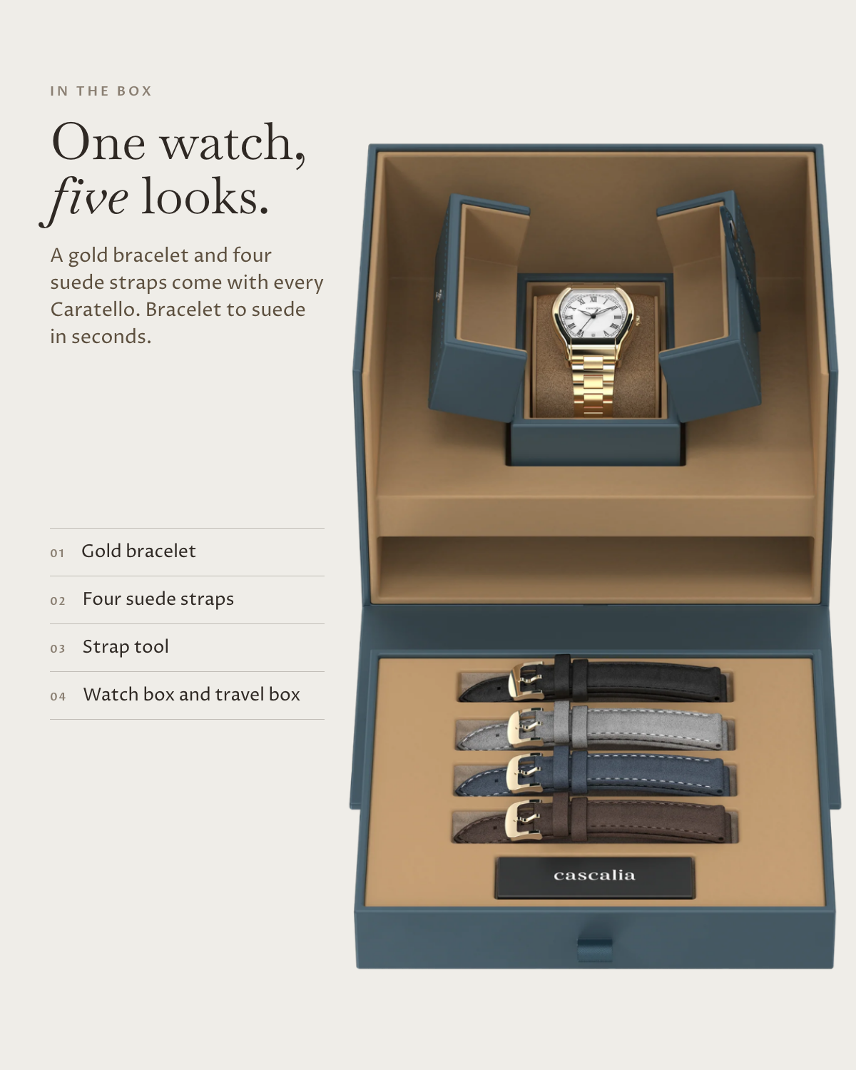 Caratello Gold Automatic in the box: gold bracelet, four suede straps, watch box and travel box