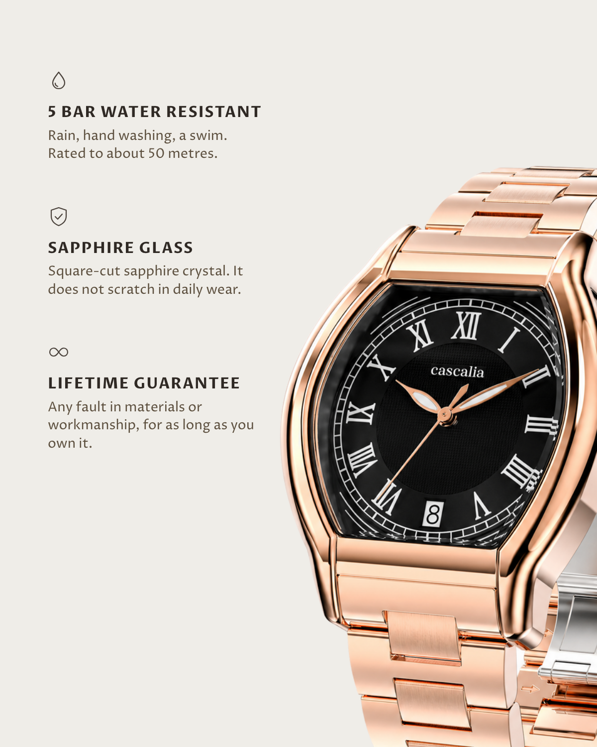 Caratello Rosegold Automatic Black: 5 bar water resistant, sapphire glass, lifetime guarantee