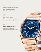 Caratello Rosegold Automatic Blue: 5 bar water resistant, sapphire glass, lifetime guarantee