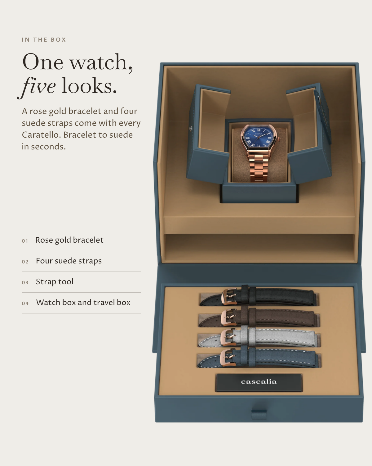 Caratello Rosegold Automatic Blue in the box: rose gold bracelet, four suede straps, watch box and travel box