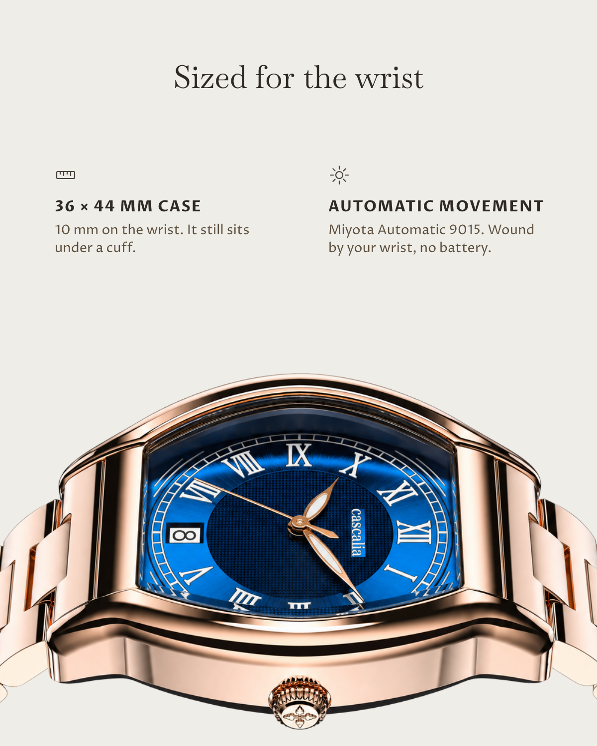 Caratello Rosegold Automatic Blue: 36 × 44 mm case, 10 mm thick