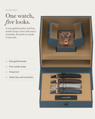 Caratello Rosegold Automatic Brown in the box: rose gold bracelet, four suede straps, watch box and travel box