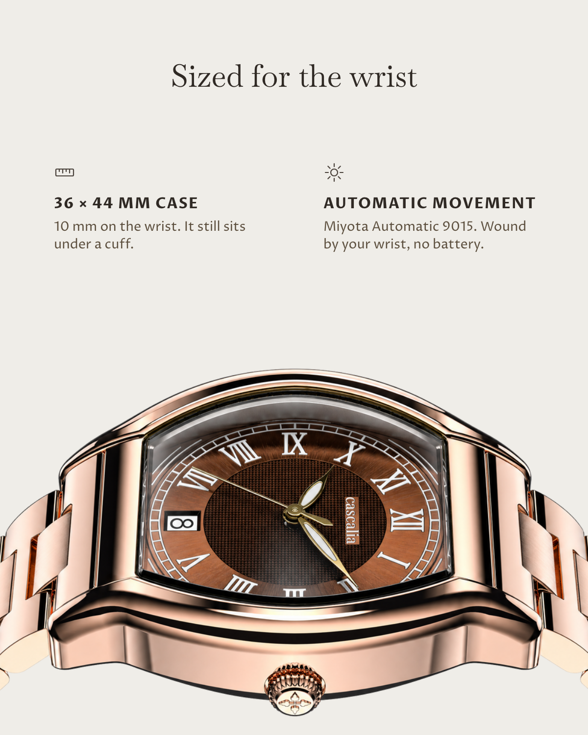 Caratello Rosegold Automatic Brown: 36 × 44 mm case, 10 mm thick