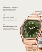 Caratello Rosegold Automatic Green: 5 bar water resistant, sapphire glass, lifetime guarantee