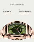Caratello Rosegold Automatic Green: 36 × 44 mm case, 10 mm thick