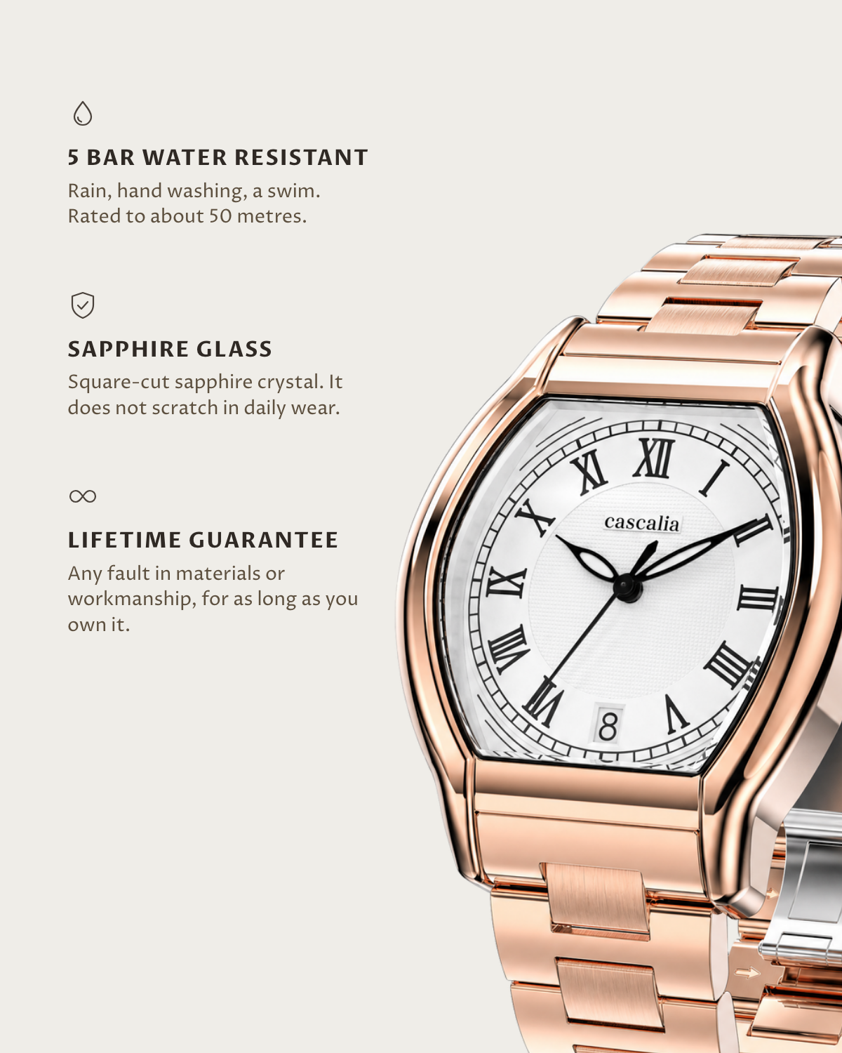 Caratello Rosegold Automatic: 5 bar water resistant, sapphire glass, lifetime guarantee