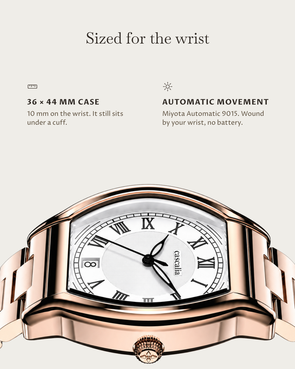 Caratello Rosegold Automatic: 36 × 44 mm case, 10 mm thick