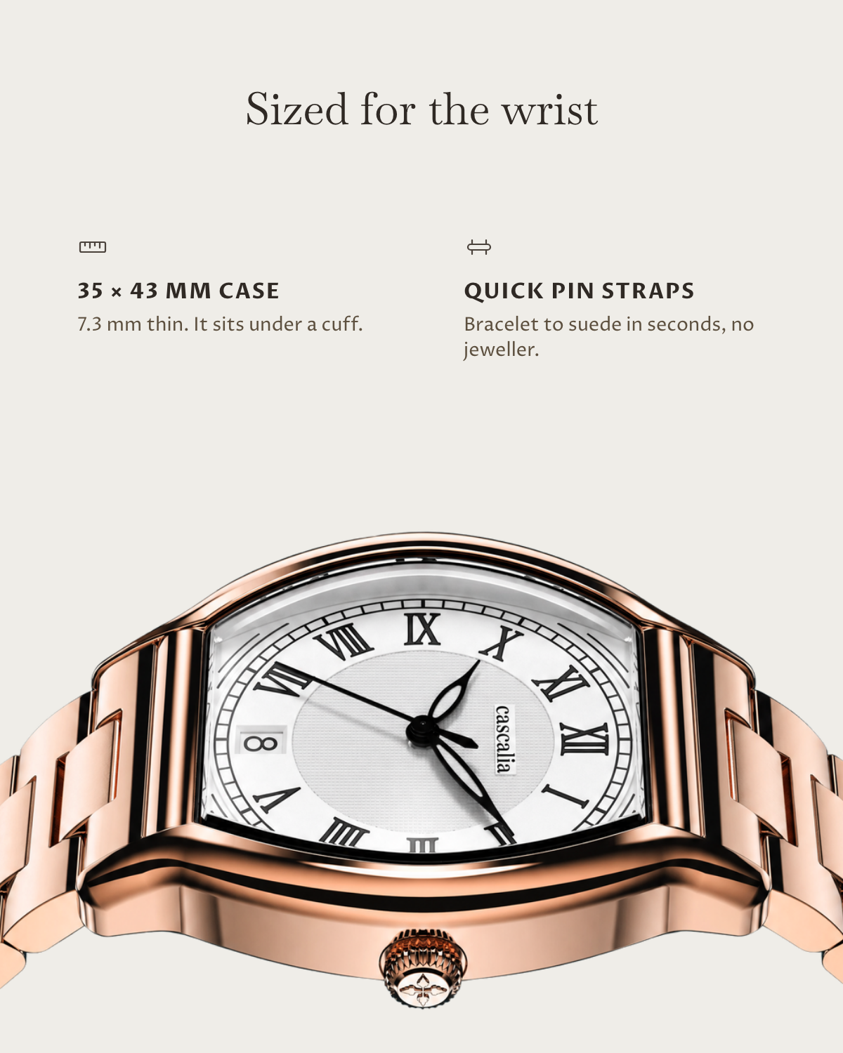 Caratello Rosegold Quartz: 35 × 43 mm case, 7.3 mm thick