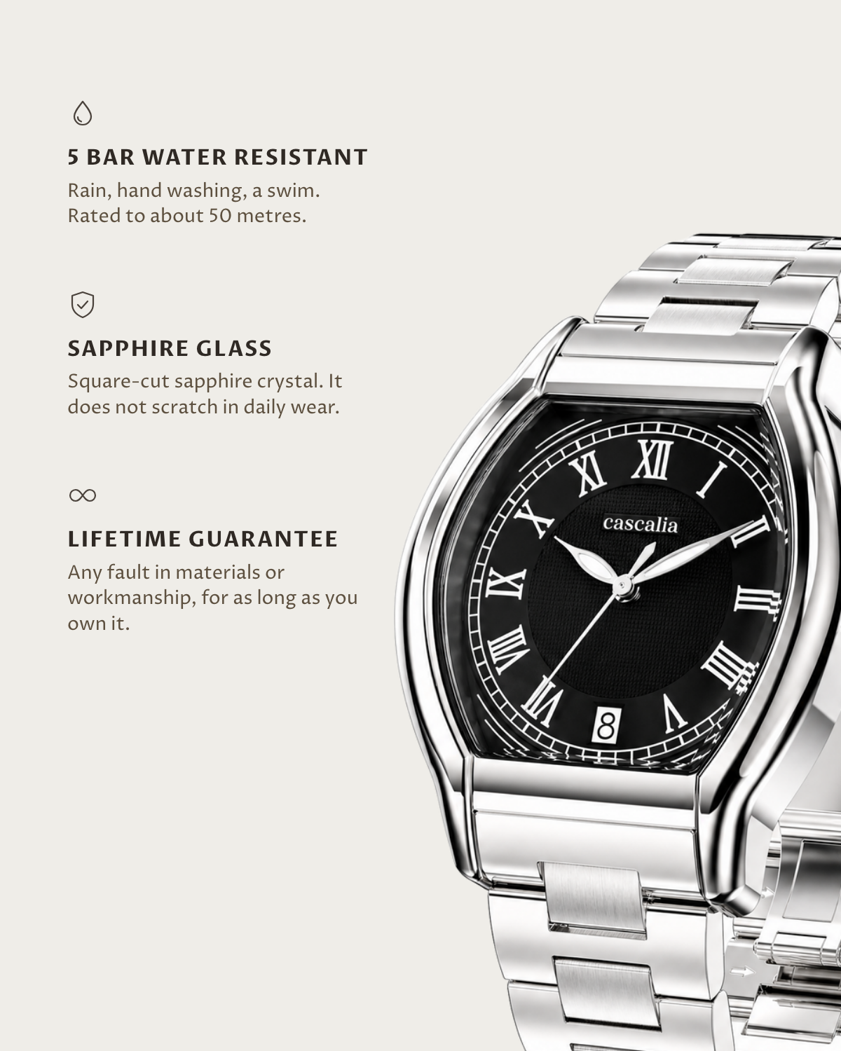 Caratello Steel Automatic Black: 5 bar water resistant, sapphire glass, lifetime guarantee