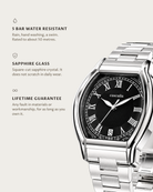 Caratello Steel Automatic Black: 5 bar water resistant, sapphire glass, lifetime guarantee