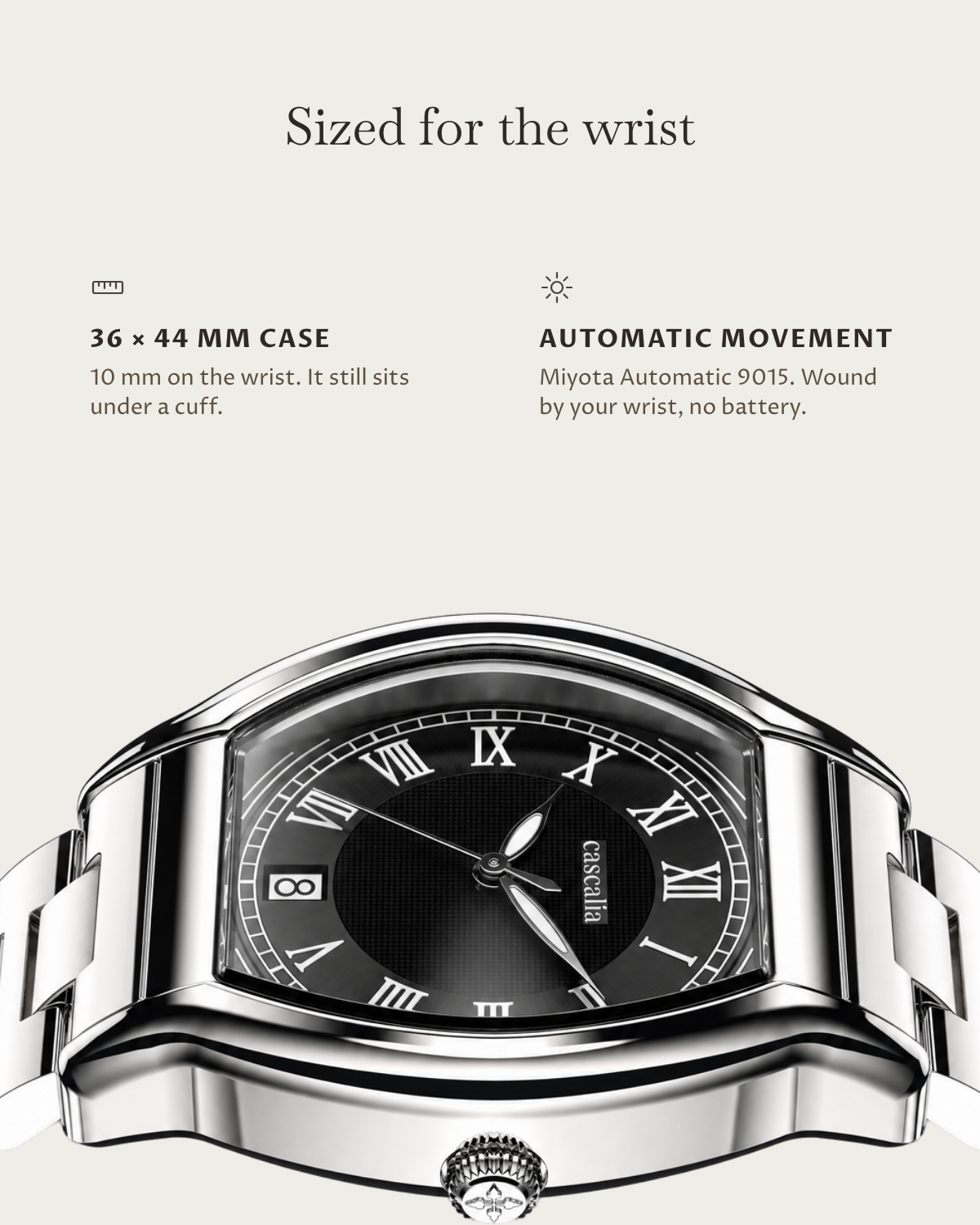 Caratello Steel Automatic Black: 36 × 44 mm case, 10 mm thick