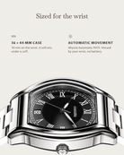 Caratello Steel Automatic Black: 36 × 44 mm case, 10 mm thick