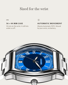 Caratello Steel Automatic Blue: 36 × 44 mm case, 10 mm thick