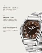 Caratello Steel Automatic Brown: 5 bar water resistant, sapphire glass, lifetime guarantee