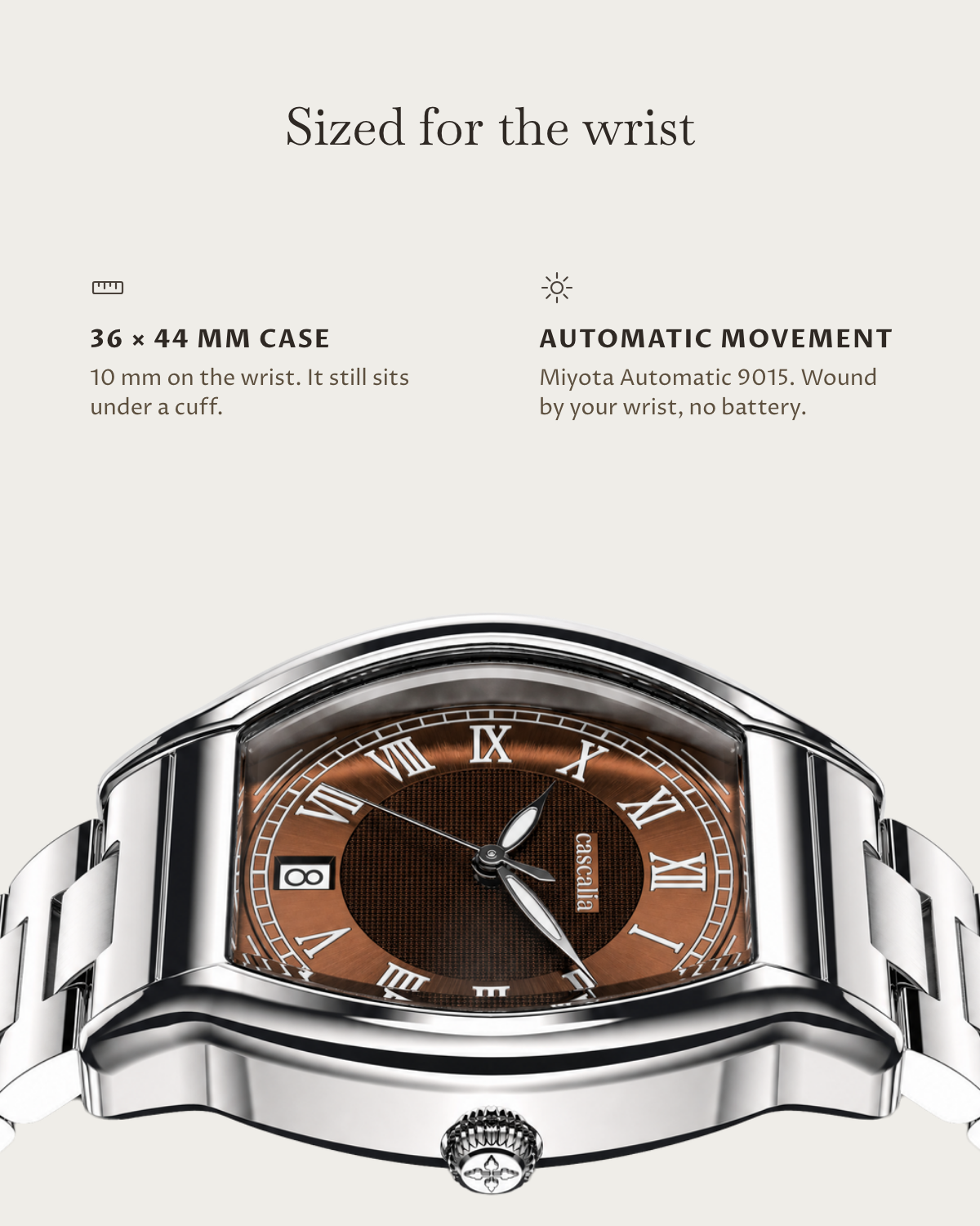 Caratello Steel Automatic Brown: 36 × 44 mm case, 10 mm thick