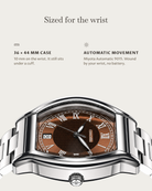 Caratello Steel Automatic Brown: 36 × 44 mm case, 10 mm thick