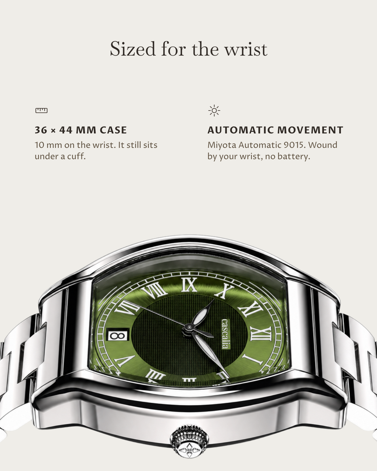 Caratello Steel Automatic Green: 36 × 44 mm case, 10 mm thick