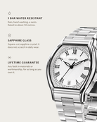 Caratello Steel Quartz: 5 bar water resistant, sapphire glass, lifetime guarantee