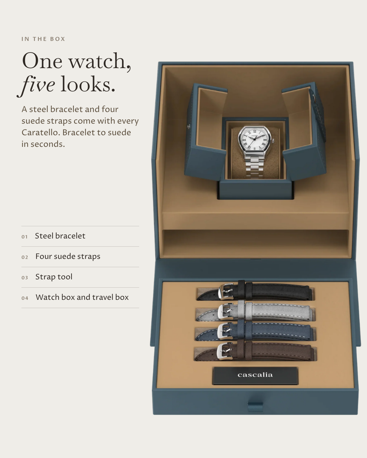Caratello Steel Quartz in the box: steel bracelet, four suede straps, watch box and travel box