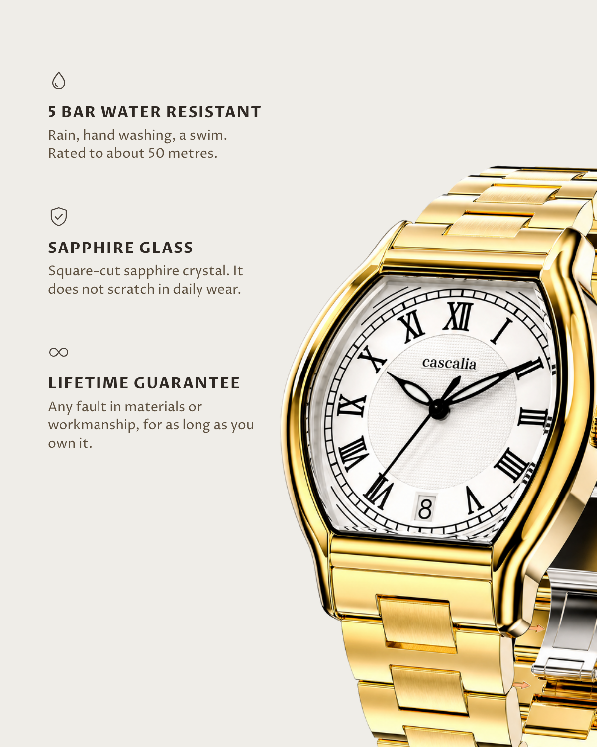 Caratello Yellow gold Quartz: 5 bar water resistant, sapphire glass, lifetime guarantee