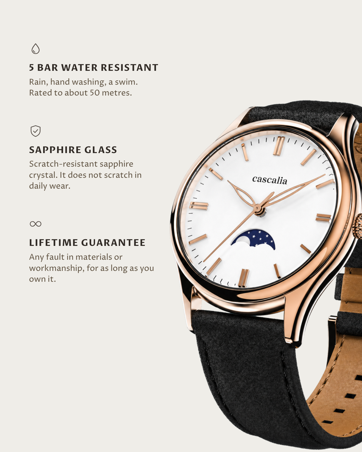 Cena Rosegold: 5 bar water resistant, sapphire glass, lifetime guarantee