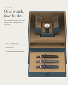 Cena Rosegold in the box: four suede straps, watch box and travel box