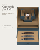 Cena Rosegold in the box: four suede straps, watch box and travel box