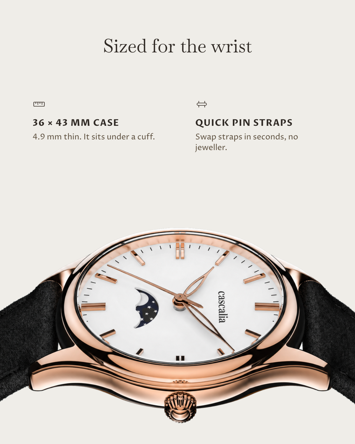 Cena Rosegold: 36 × 43 mm case, 4.9 mm thick