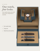 Cena Rosegold in the box: four suede straps, watch box and travel box