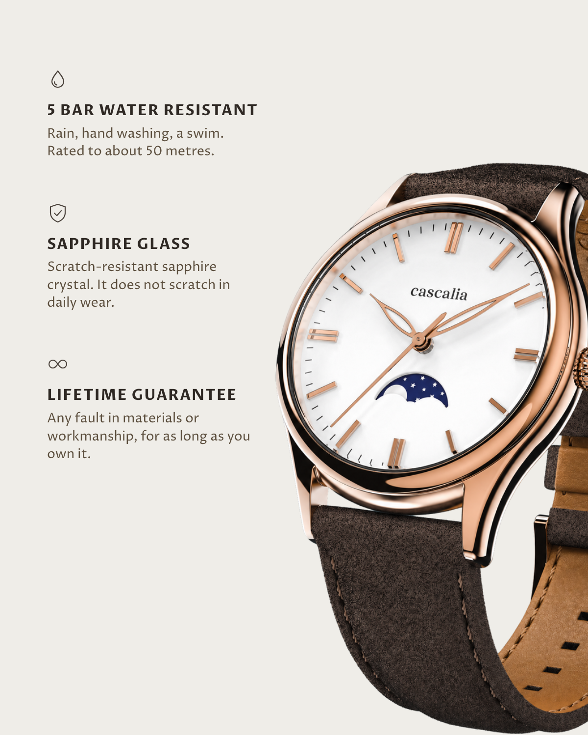 Cena Rosegold: 5 bar water resistant, sapphire glass, lifetime guarantee