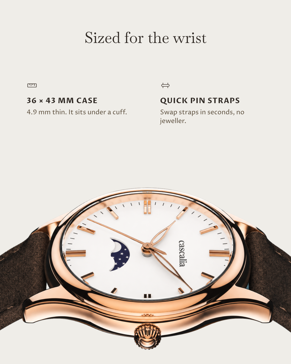 Cena Rosegold: 36 × 43 mm case, 4.9 mm thick