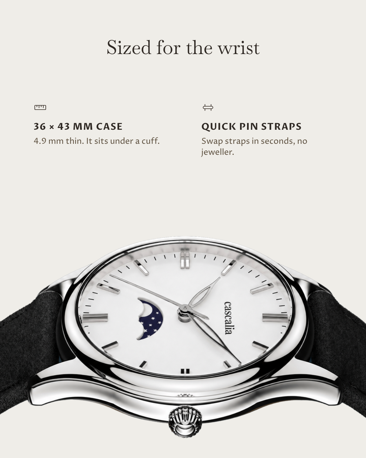 Cena Steel: 36 × 43 mm case, 4.9 mm thick