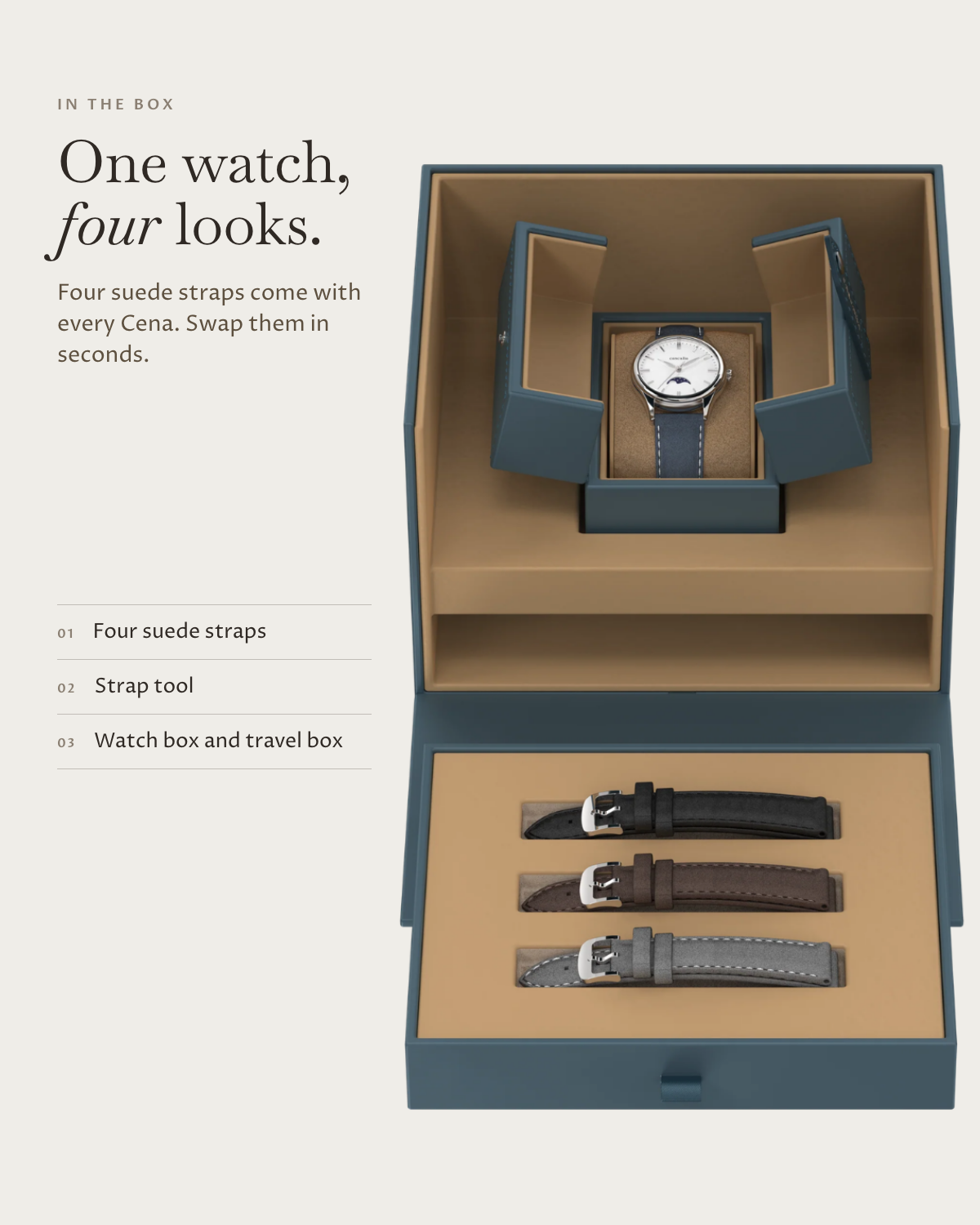 Cena Steel in the box: four suede straps, watch box and travel box