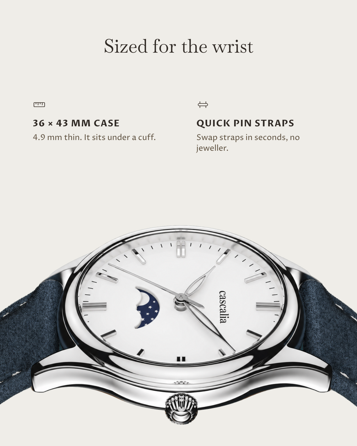 Cena Steel: 36 × 43 mm case, 4.9 mm thick