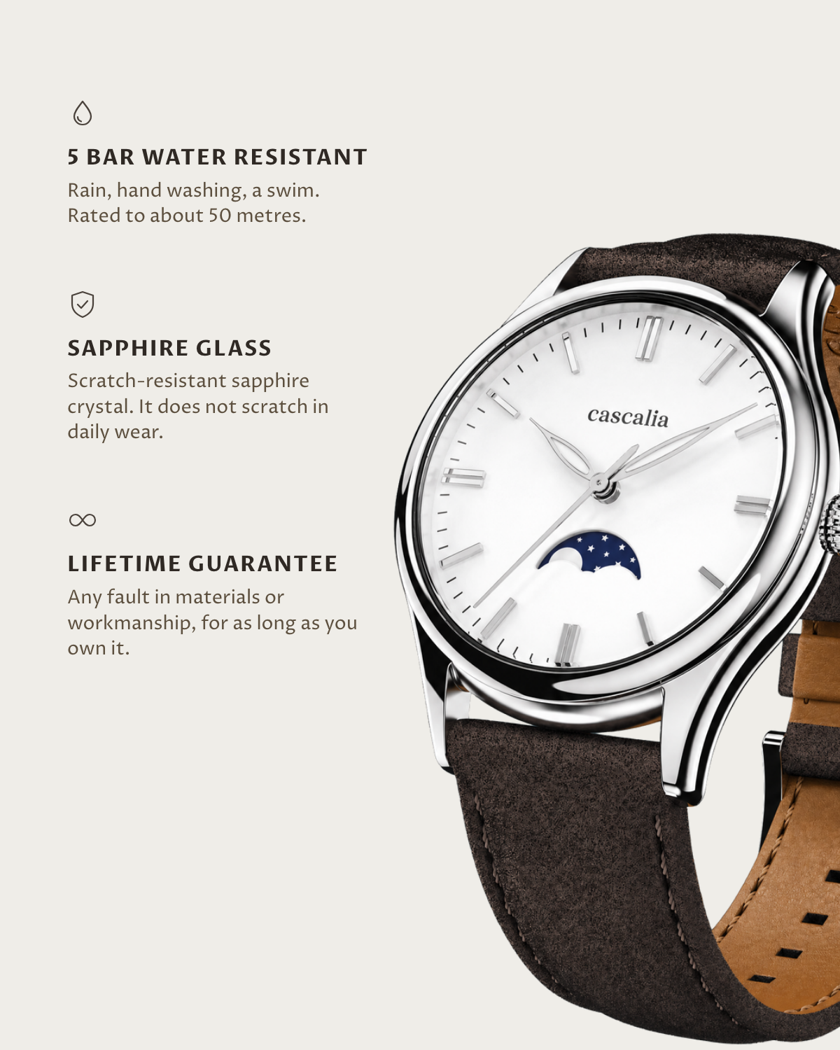 Cena Steel: 5 bar water resistant, sapphire glass, lifetime guarantee