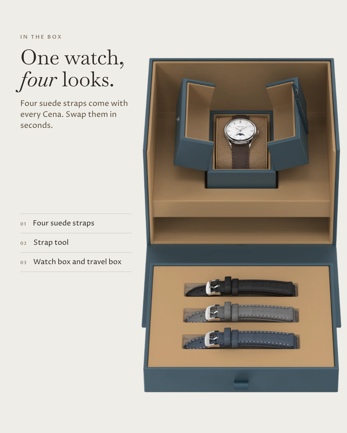 Cena Steel in the box: four suede straps, watch box and travel box