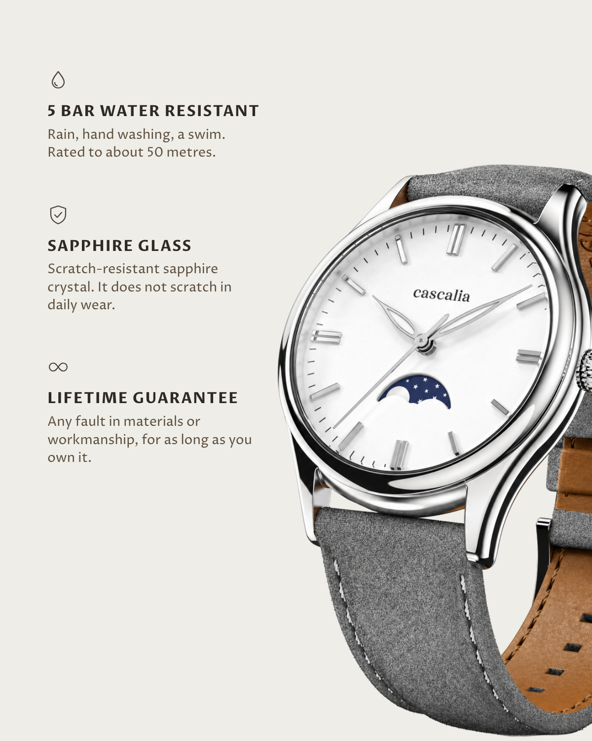 Cena Steel: 5 bar water resistant, sapphire glass, lifetime guarantee