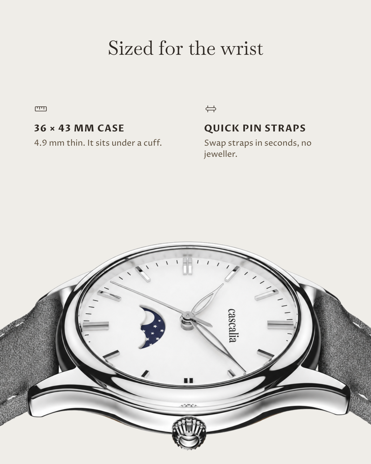 Cena Steel: 36 × 43 mm case, 4.9 mm thick