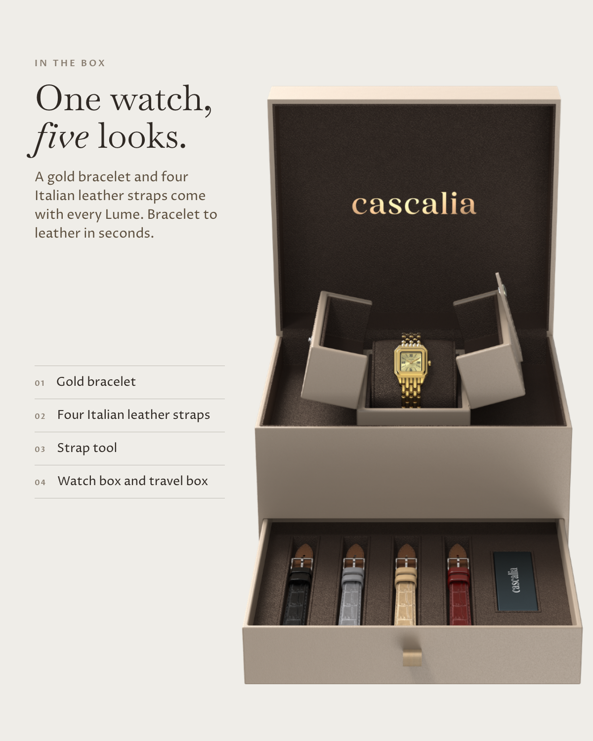 Lume Gold in the box: gold bracelet, four Italian leather straps, watch box and travel box