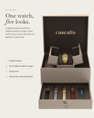 Lume Gold in the box: gold bracelet, four Italian leather straps, watch box and travel box