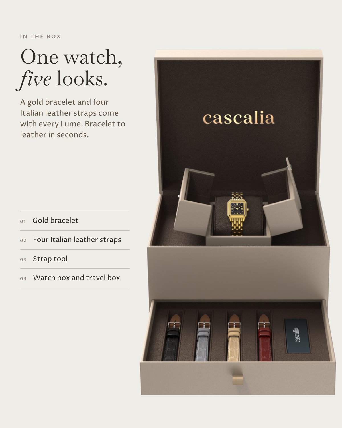 Lume Gold in the box: gold bracelet, four Italian leather straps, watch box and travel box