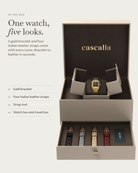 Lume Gold in the box: gold bracelet, four Italian leather straps, watch box and travel box