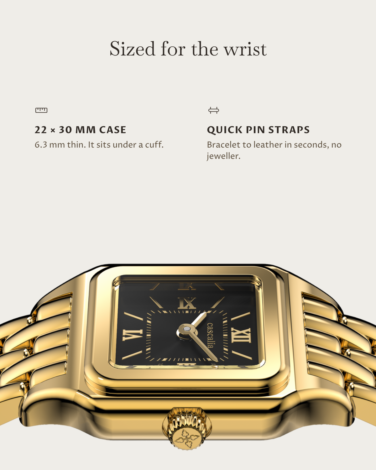 Lume Gold: 22 × 30 mm case, 6.3 mm thick