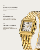 Lume Gold: 10 bar water resistant, sapphire glass, lifetime guarantee