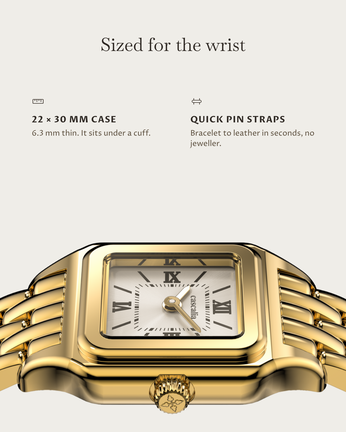 Lume Gold: 22 × 30 mm case, 6.3 mm thick