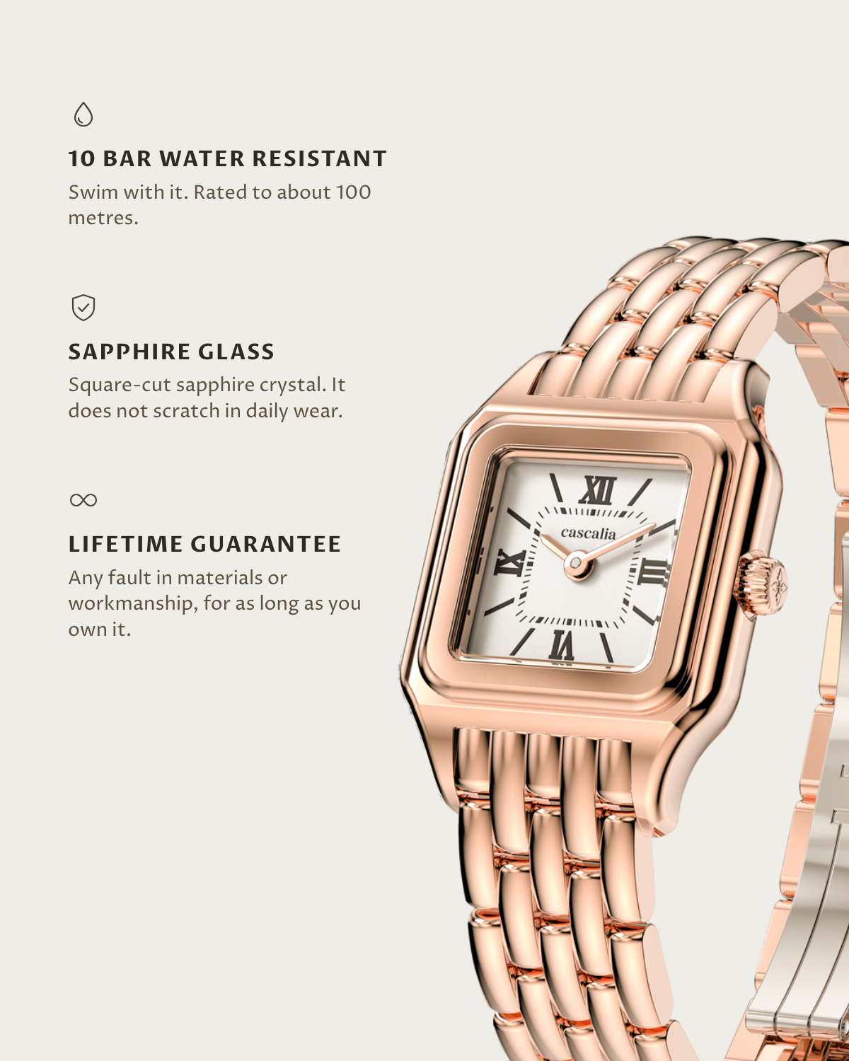 Lume Rosegold: 10 bar water resistant, sapphire glass, lifetime guarantee